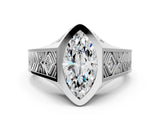 White gold Hexagonal Bezel Marquise Diamond Engraved Band Prong Ring_38