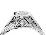 White gold Hexagonal Bezel Marquise Diamond Engraved Band Prong Ring_42