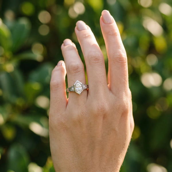White gold Hexagonal Bezel Marquise Diamond Engraved Band Prong Ring