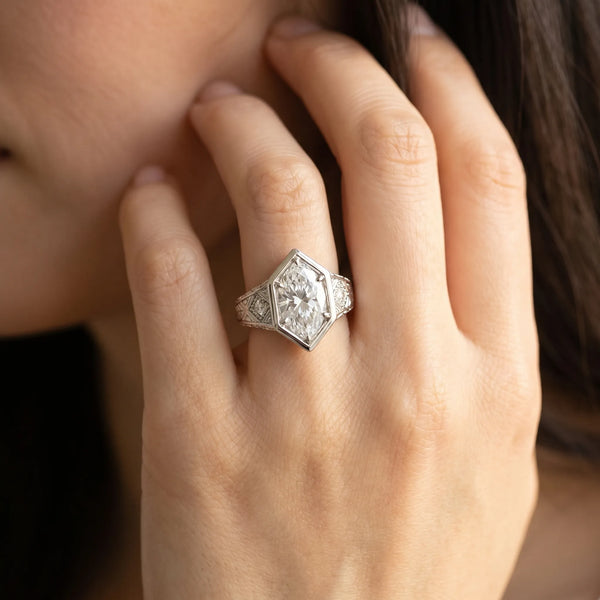 White gold Hexagonal Bezel Marquise Diamond Engraved Band Prong Ring