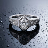 White gold Hexagonal Bezel Marquise Diamond Engraved Band Prong Ring_9