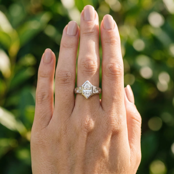 White gold Hexagonal Bezel Marquise Diamond Engraved Band Ring