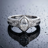 White gold Hexagonal Bezel Marquise Diamond Engraved Band Ring_9