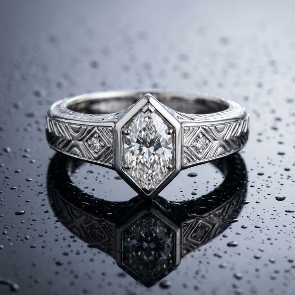Sterling Silver Marquise Vintage Bezel Engagement Ring Setting with Engraved Band