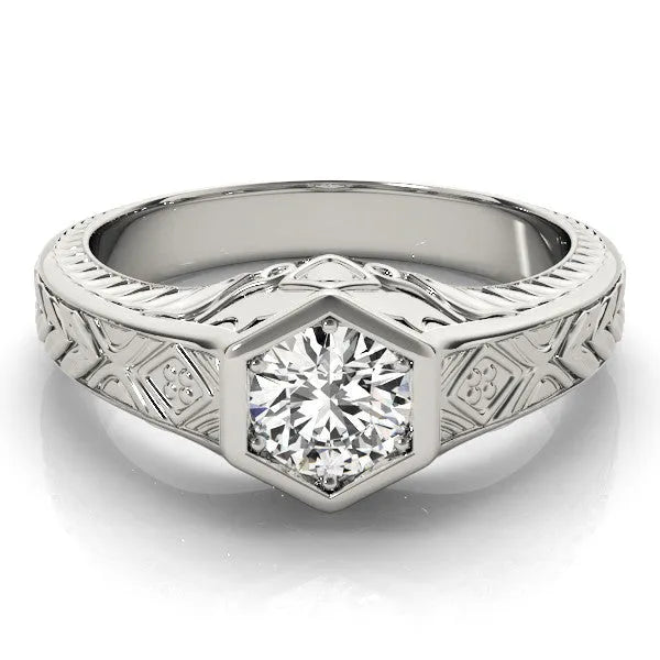 White gold Hexagonal Bezel Pear Diamond Engraved Band Ring