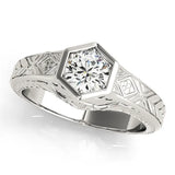 White gold Hexagonal Bezel Pear Diamond Engraved Band Ring
