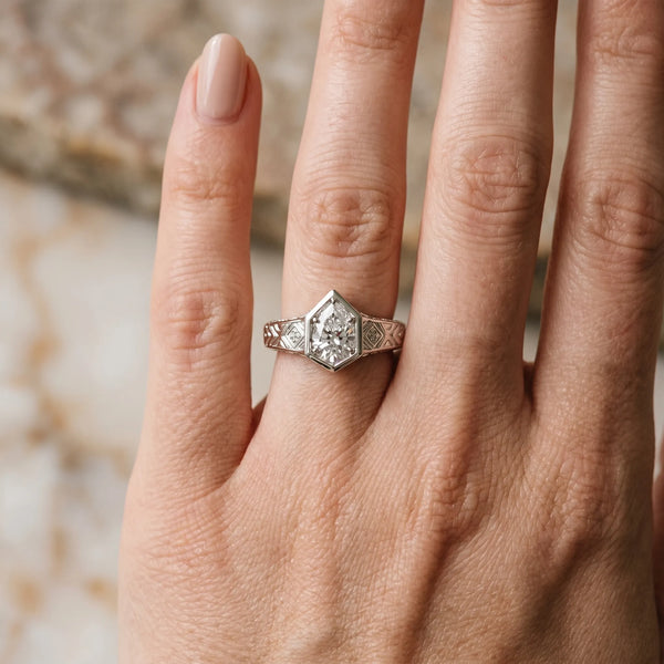 White gold Hexagonal Bezel Pear Diamond Engraved Band Ring