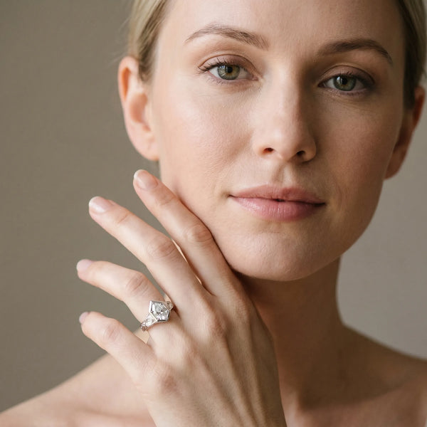 White gold Hexagonal Bezel Pear Diamond Engraved Band Ring