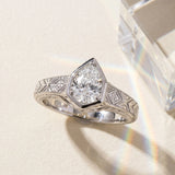 White gold Hexagonal Bezel Pear Diamond Engraved Band Ring_9