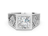 White gold Hexagonal Bezel Princess Diamond Engraved Band Prong Ring_18