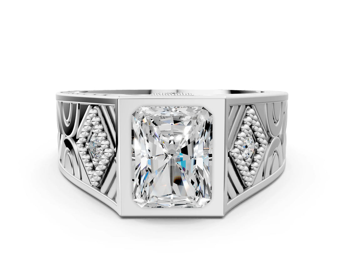 White gold Hexagonal Bezel Radiant Diamond Engraved Band Prong Ring_6