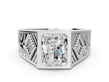 White gold Hexagonal Bezel Radiant Diamond Engraved Band Prong Ring_6