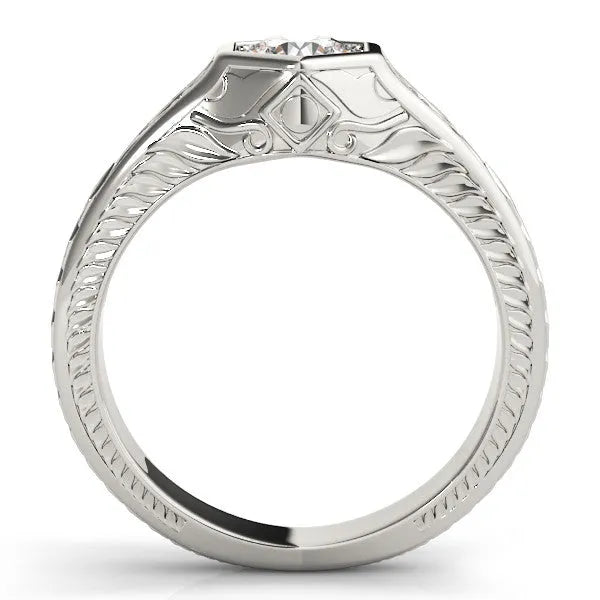White gold Hexagonal Bezel Radiant Diamond Engraved Band Ring