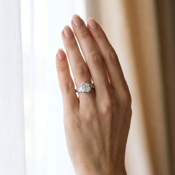 White gold Hexagonal Bezel Radiant Diamond Engraved Band Ring