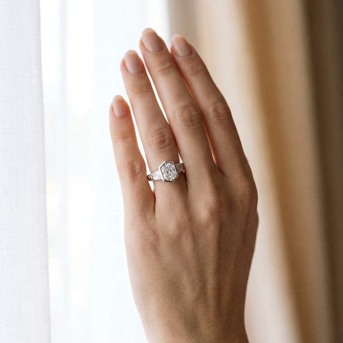 White gold Hexagonal Bezel Radiant Diamond Engraved Band Ring_6