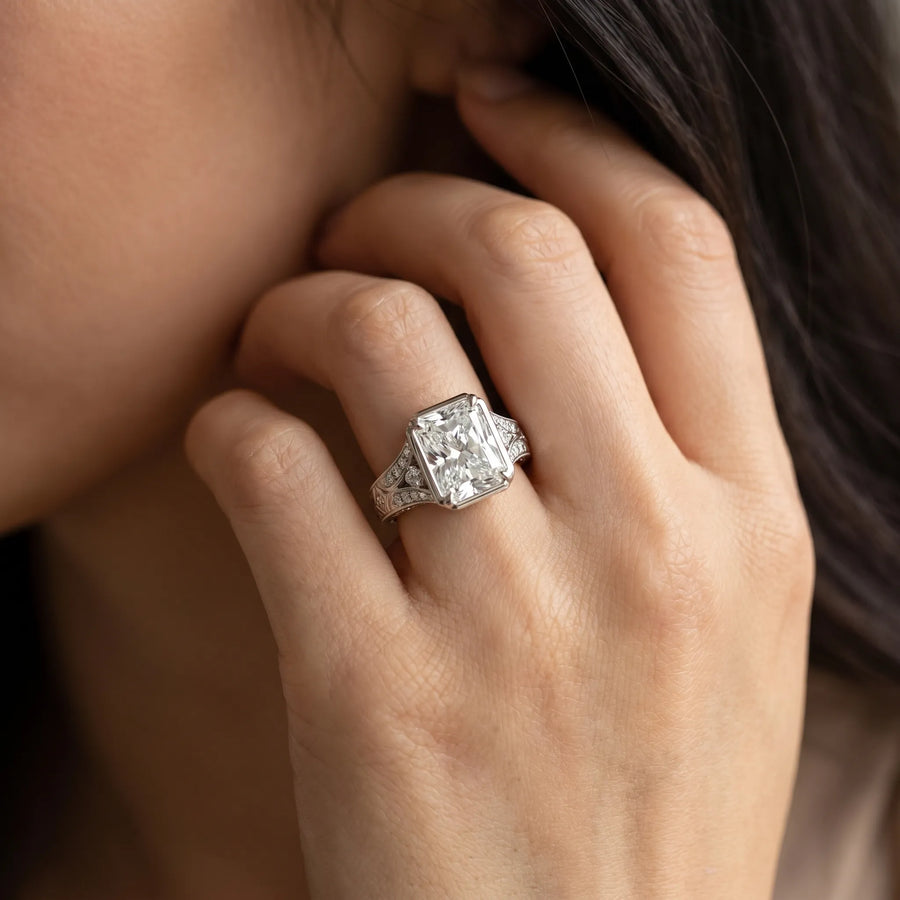 White gold Hexagonal Bezel Radiant Diamond Engraved Band Ring