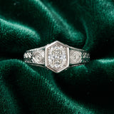 White gold Hexagonal Bezel Radiant Diamond Engraved Band Ring_9