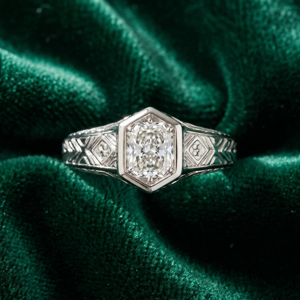 Sterling Silver Radiant Cut Vintage Bezel Engagement Ring Setting with Engraved Band