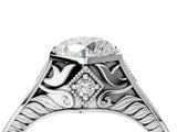 White gold Hexagonal Bezel Round Diamond Engraved Band Prong Ring_18