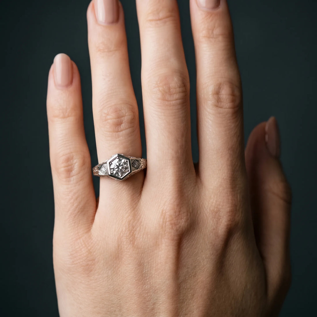 White gold Hexagonal Bezel Round Diamond Engraved Band Prong Ring_41