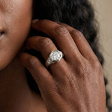 White gold Hexagonal Bezel Round Diamond Engraved Band Prong Ring_43
