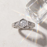 White gold Hexagonal Bezel Round Diamond Engraved Band Prong Ring_44