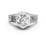 White gold Hexagonal Bezel Round Diamond Engraved Band Ring_14