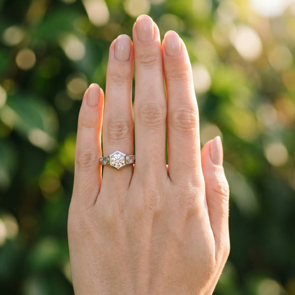White gold Hexagonal Bezel Round Diamond Engraved Band Ring