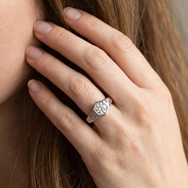 White gold Hexagonal Bezel Round Diamond Engraved Band Ring