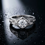 White gold Hexagonal Bezel Round Diamond Engraved Band Ring_41
