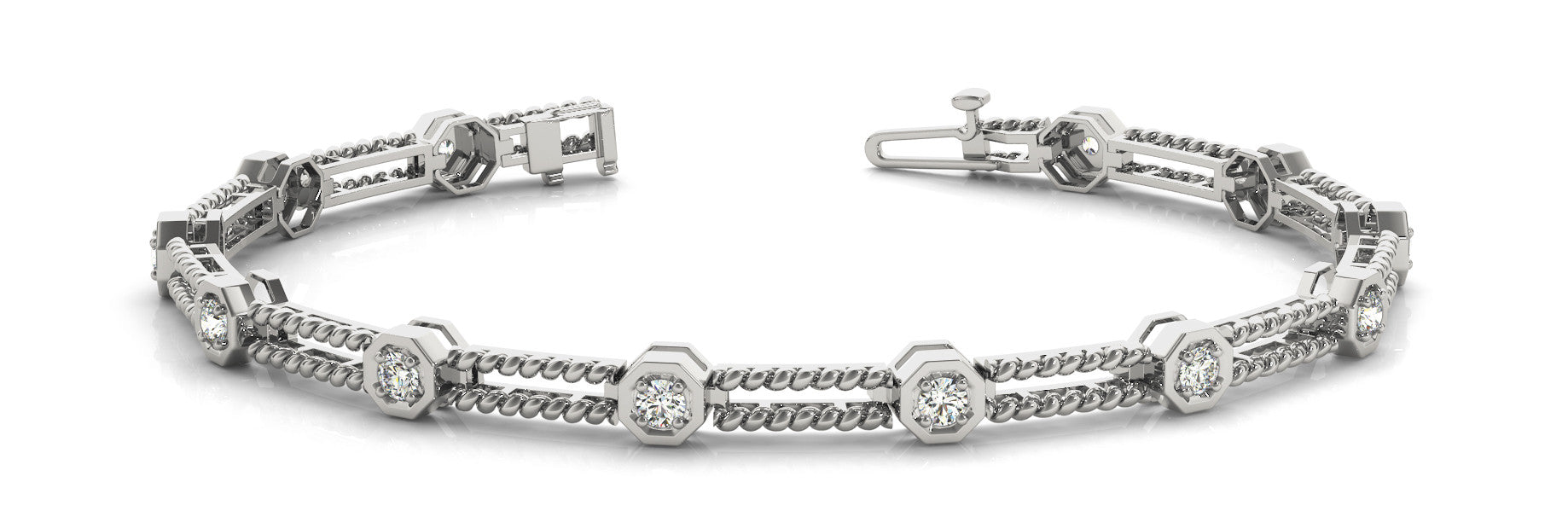 White gold Hexagonal Diamond Tennis Bracelet with Bezel Setting and Rope Band