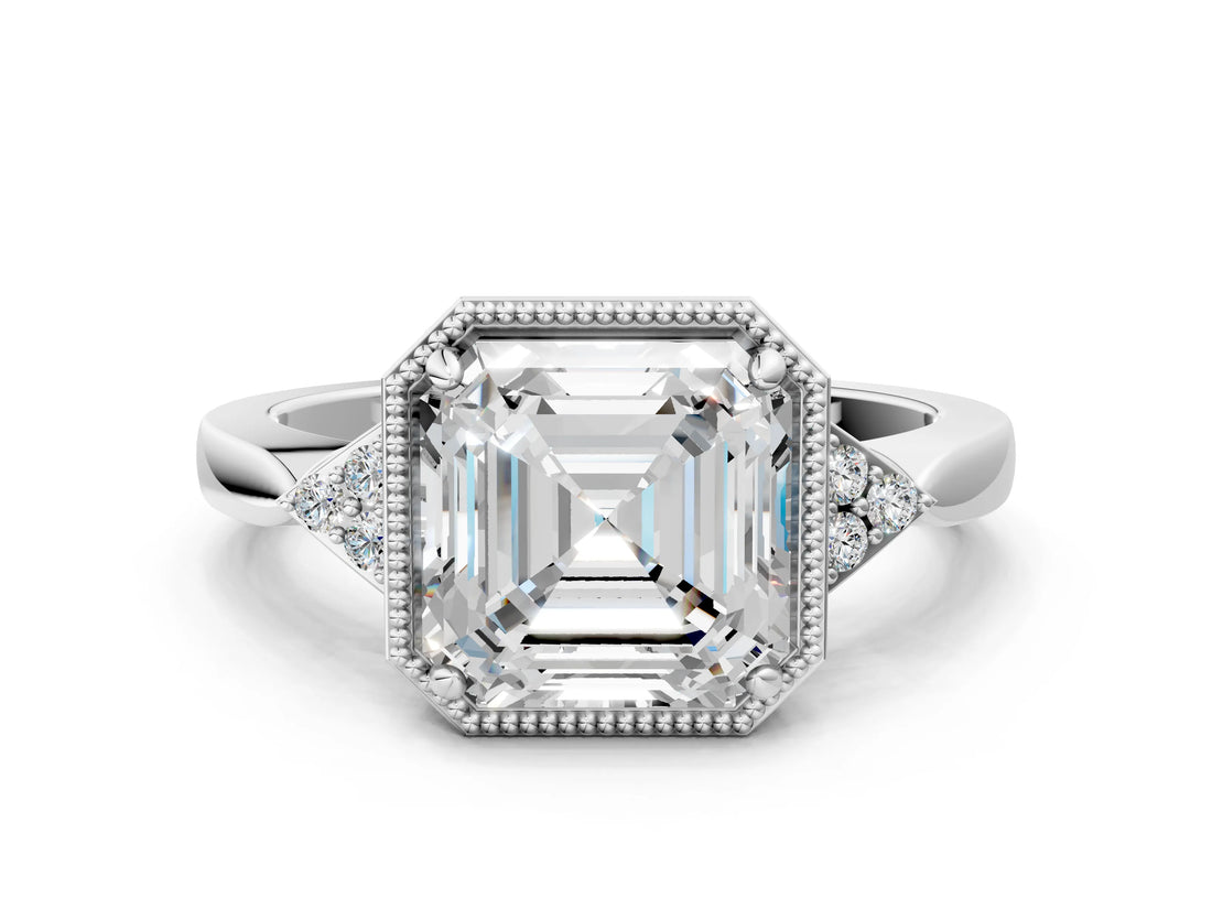 White gold Hexagonal Halo Asscher Cut Diamond Solitaire with Pavé Band and Four-Prong Setting_3