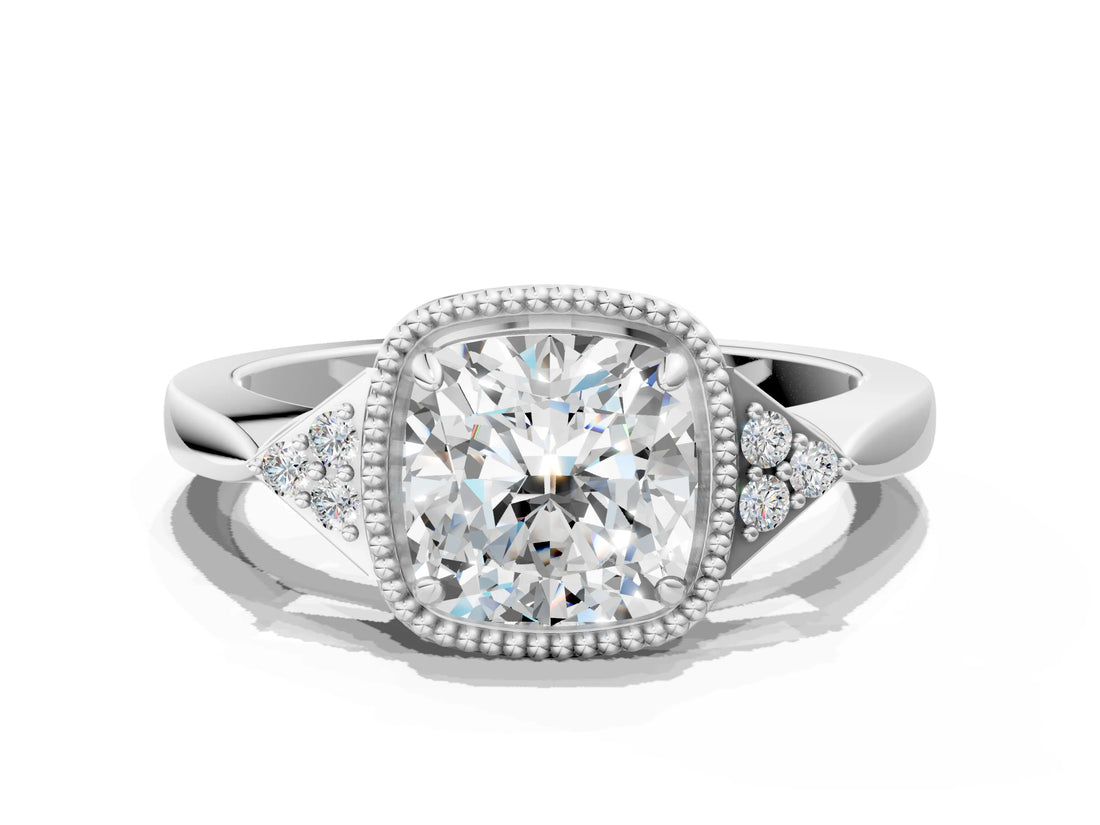 White gold Hexagonal Halo Cushion Cut Diamond Solitaire with Pavé Band and Four-Prong Setting_3