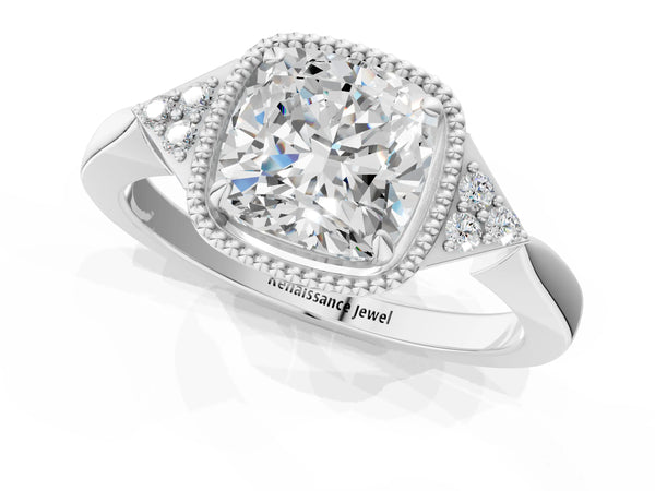 White gold Hexagonal Halo Cushion Cut Diamond Solitaire with Pavé Band and Four-Prong Setting