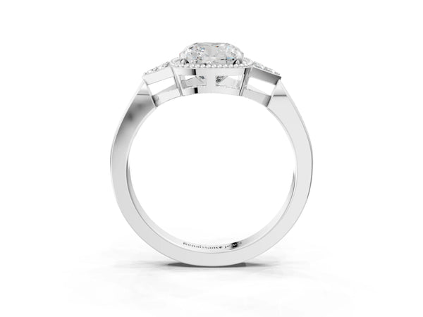 White gold Hexagonal Halo Cushion Cut Diamond Solitaire with Pavé Band and Four-Prong Setting