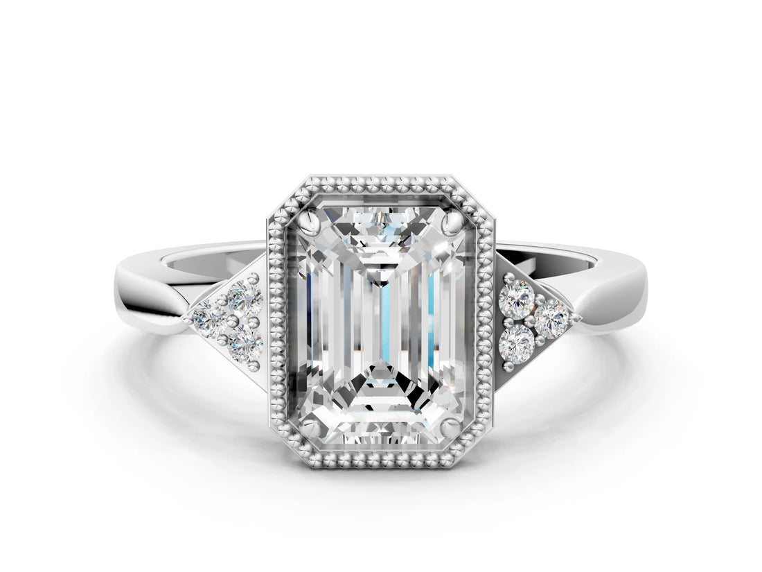 White gold Hexagonal Halo Emerald Cut Diamond Solitaire with Pavé Band and Four-Prong Setting_3