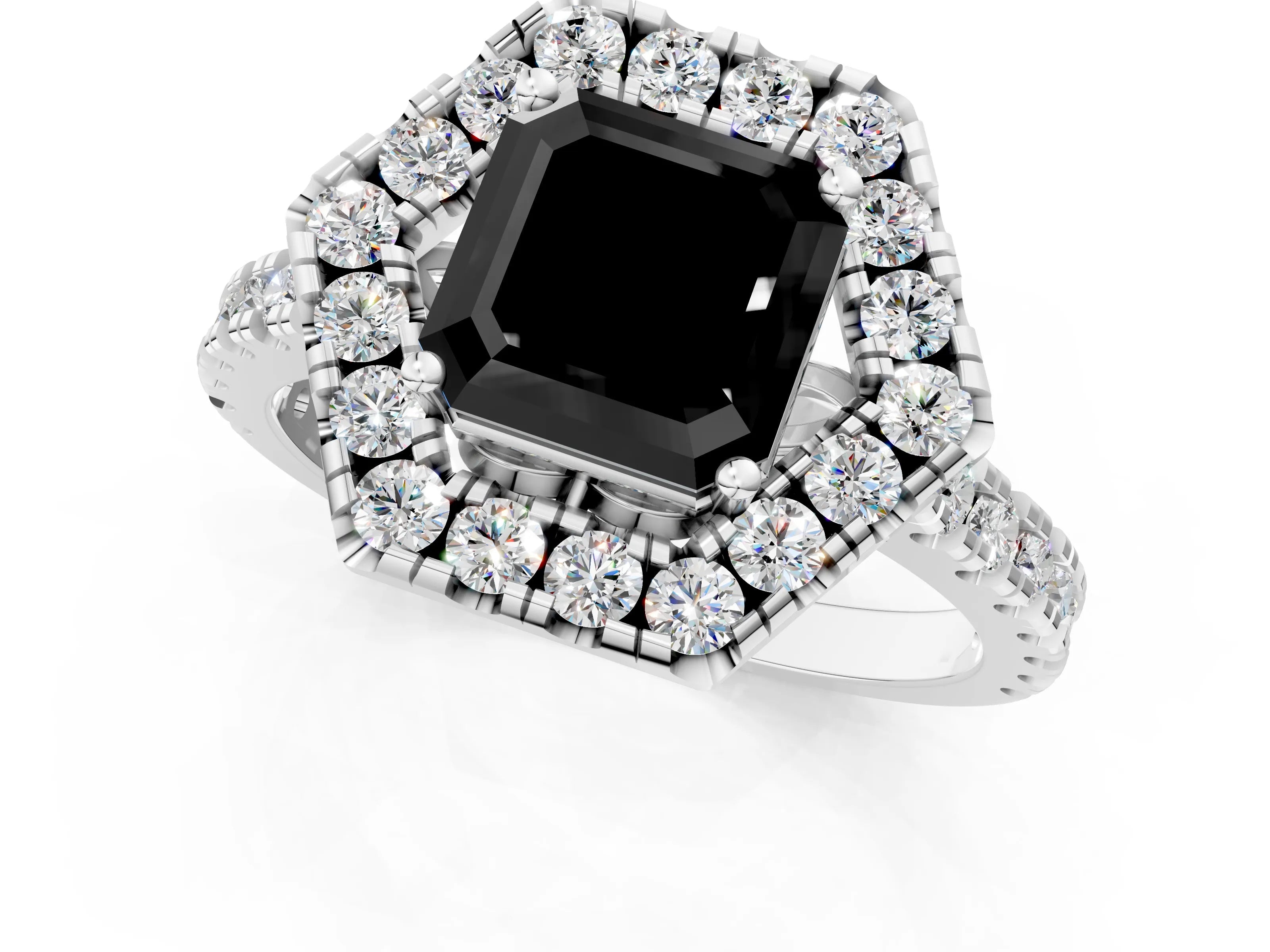 White gold Hexagonal Halo Fancy Black Asscher Cut Diamond Pavé Band with Four-Prong Setting_1