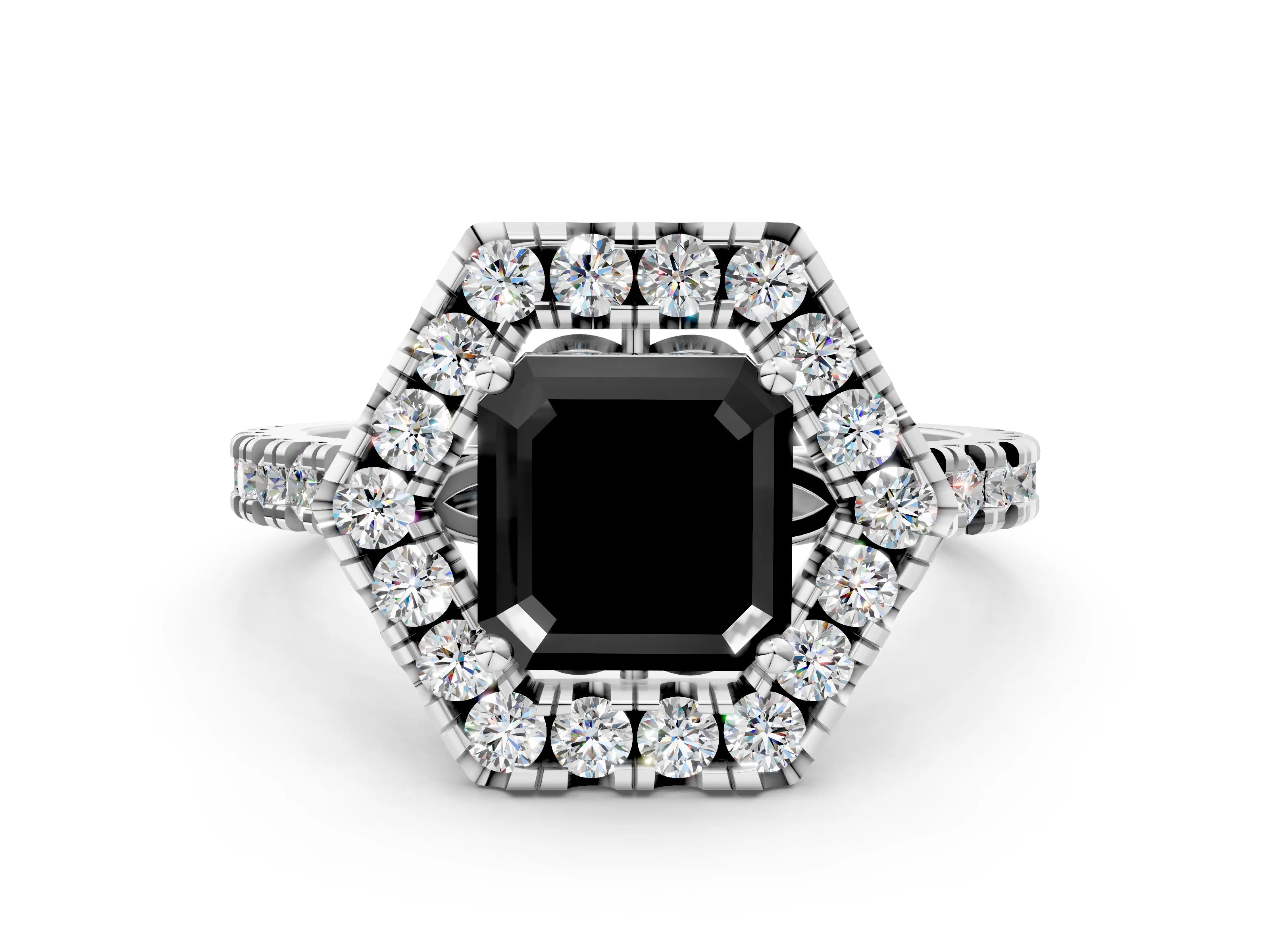 White gold Hexagonal Halo Fancy Black Asscher Cut Diamond Pavé Band with Four-Prong Setting