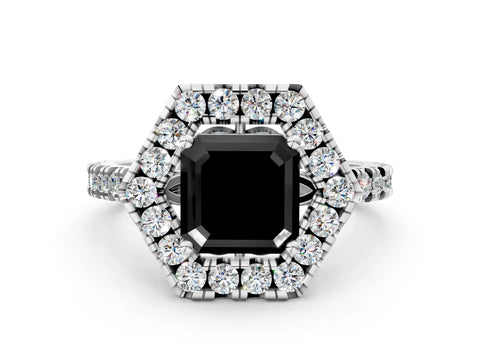 White gold Hexagonal Halo Fancy Black Asscher Cut Diamond Pavé Band with Four-Prong Setting
