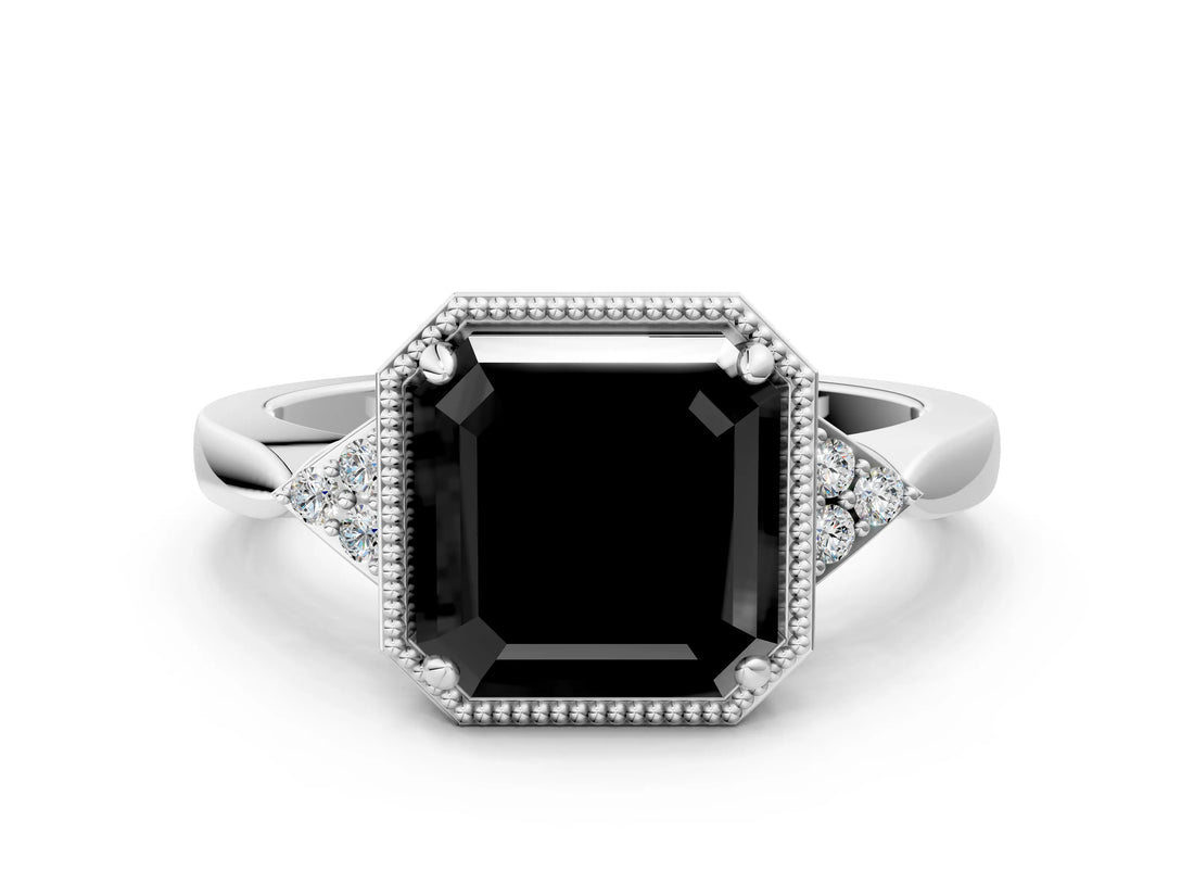 White gold Hexagonal Halo Fancy Black Asscher Cut Diamond Solitaire with Pavé Band and Four-Prong Setting_15