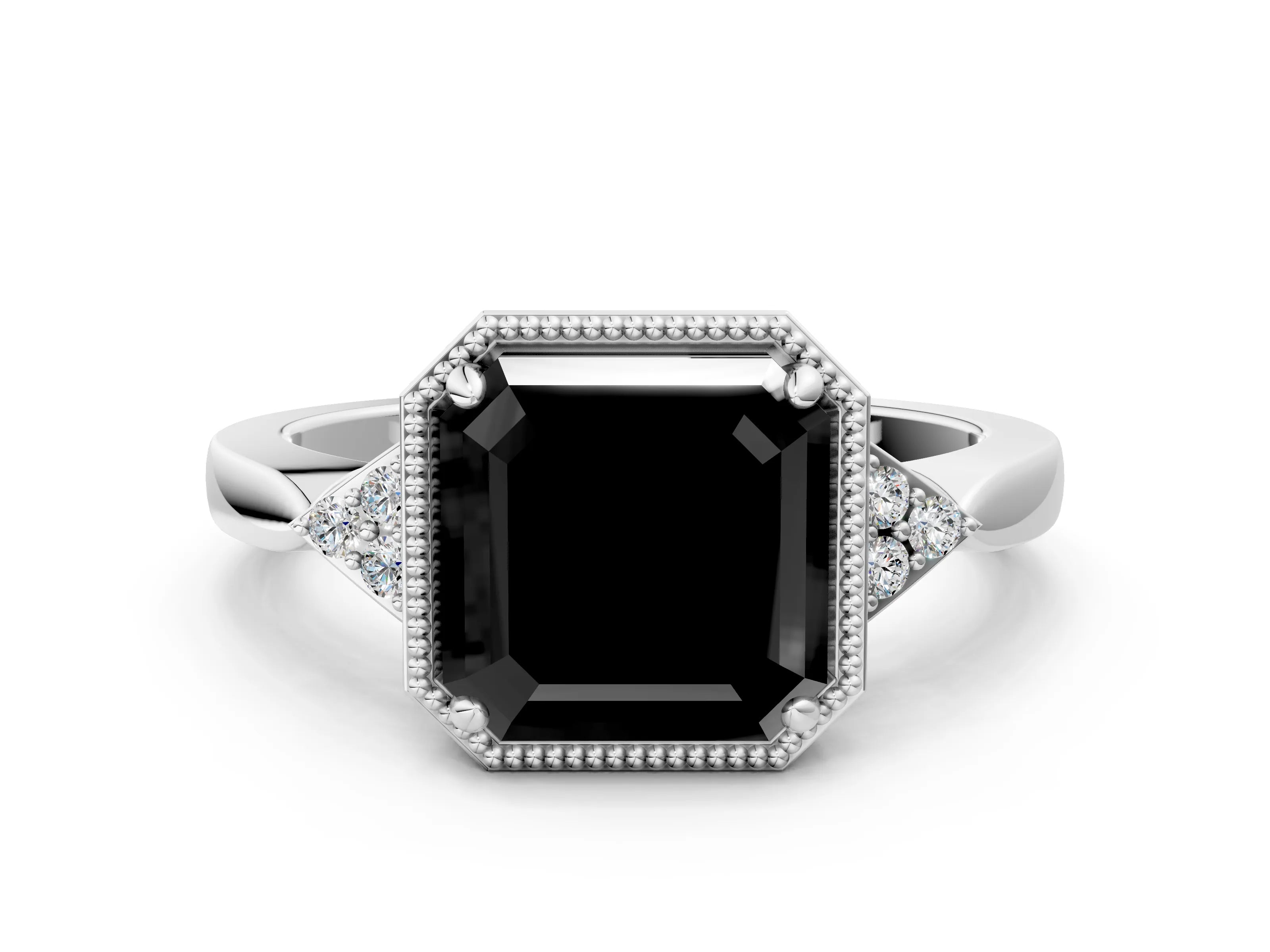 White gold Hexagonal Halo Fancy Black Asscher Cut Diamond Solitaire with Pavé Band and Four-Prong Setting_15