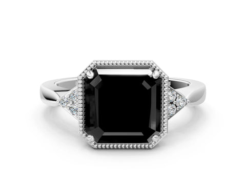 White gold Hexagonal Halo Fancy Black Asscher Cut Diamond Solitaire with Pavé Band and Four-Prong Setting_15