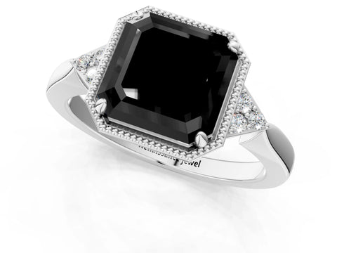White gold Hexagonal Halo Fancy Black Asscher Cut Diamond Solitaire with Pavé Band and Four-Prong Setting_16