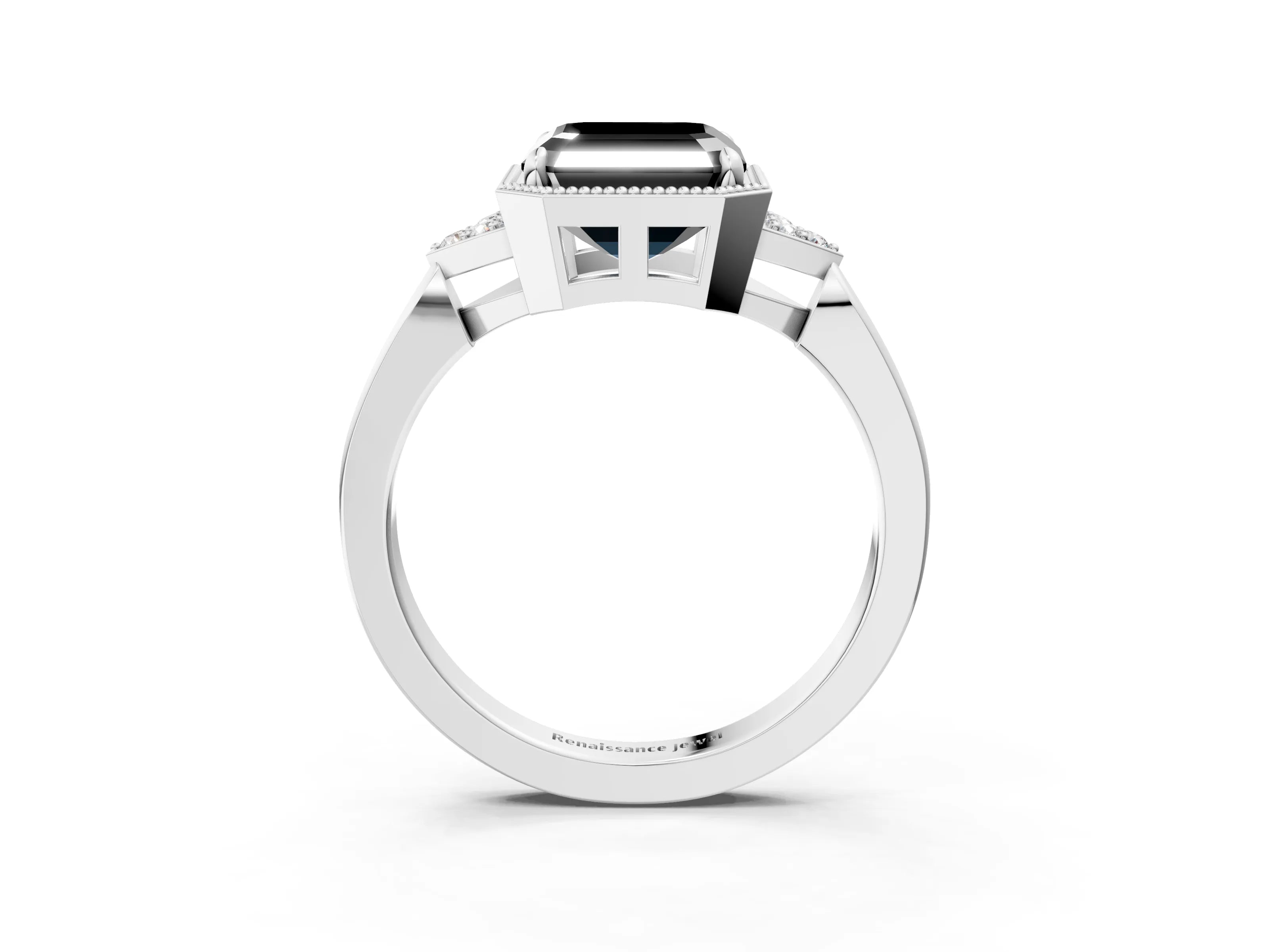 White gold Hexagonal Halo Fancy Black Asscher Cut Diamond Solitaire with Pavé Band and Four-Prong Setting_18