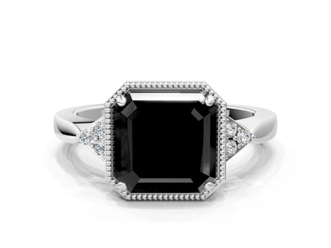 White gold Hexagonal Halo Fancy Black Asscher Cut Diamond Solitaire with Pavé Band and Four-Prong Setting_3