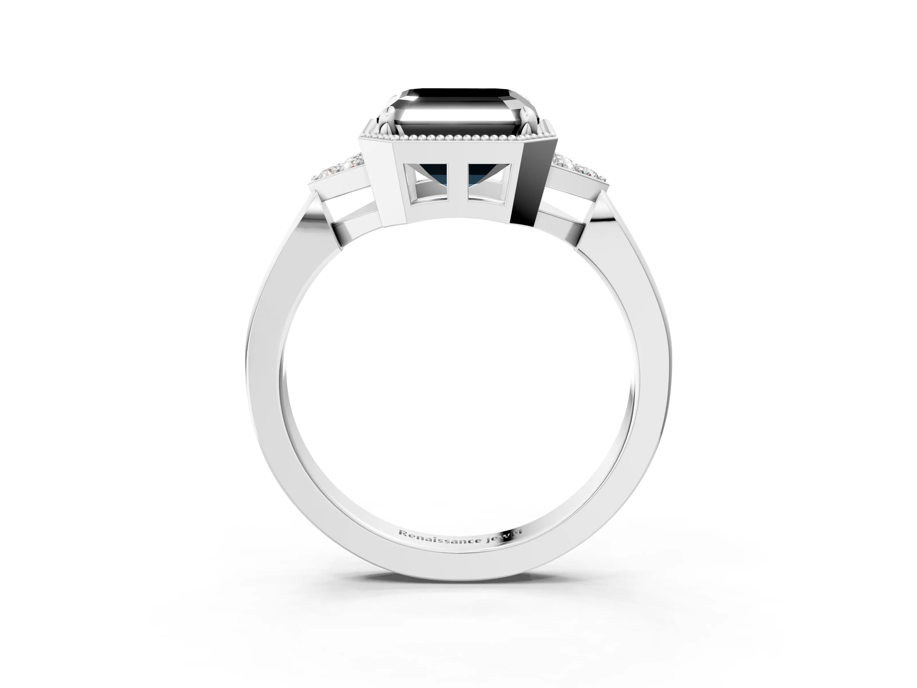 White gold Hexagonal Halo Fancy Black Asscher Cut Diamond Solitaire with Pavé Band and Four-Prong Setting_6