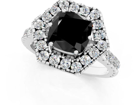 White gold Hexagonal Halo Fancy Black Cushion Cut Diamond Pavé Band with Four-Prong Setting_1