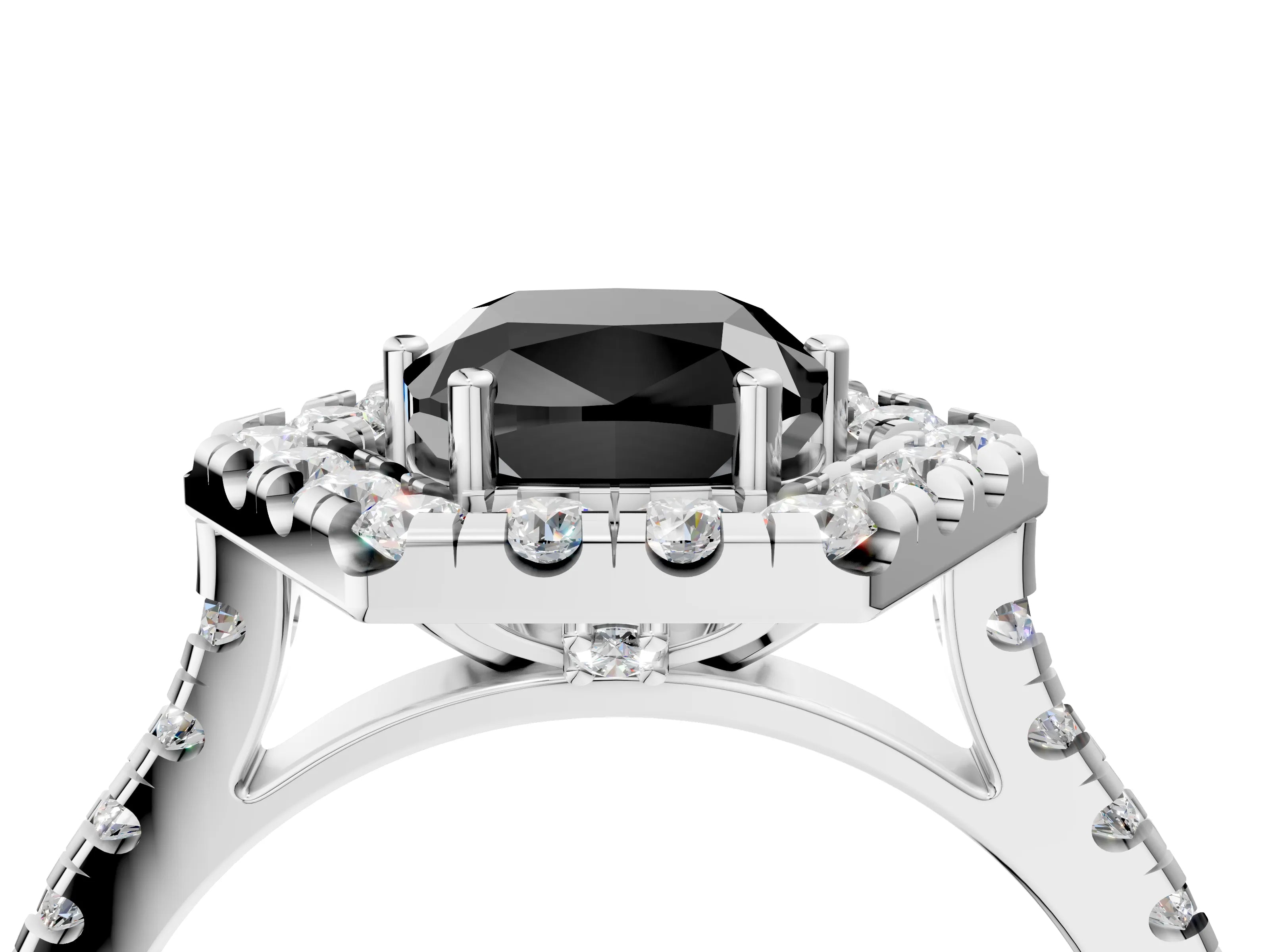 White gold Hexagonal Halo Fancy Black Cushion Cut Diamond Pavé Band with Four-Prong Setting_4