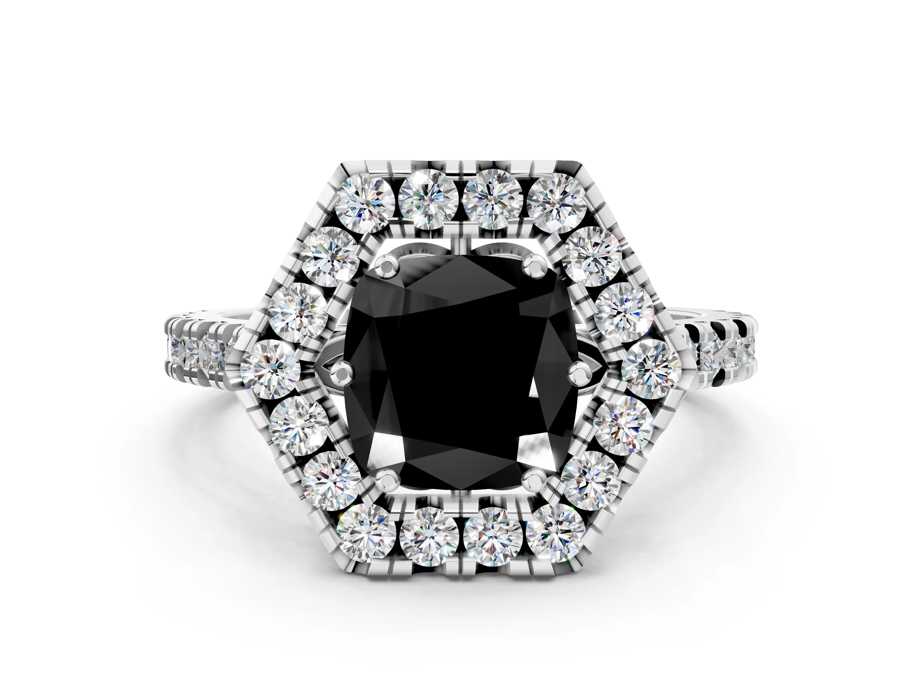 White gold Hexagonal Halo Fancy Black Cushion Cut Diamond Pavé Band with Four-Prong Setting