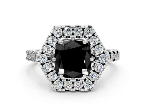 White gold Hexagonal Halo Fancy Black Cushion Cut Diamond Pavé Band with Four-Prong Setting